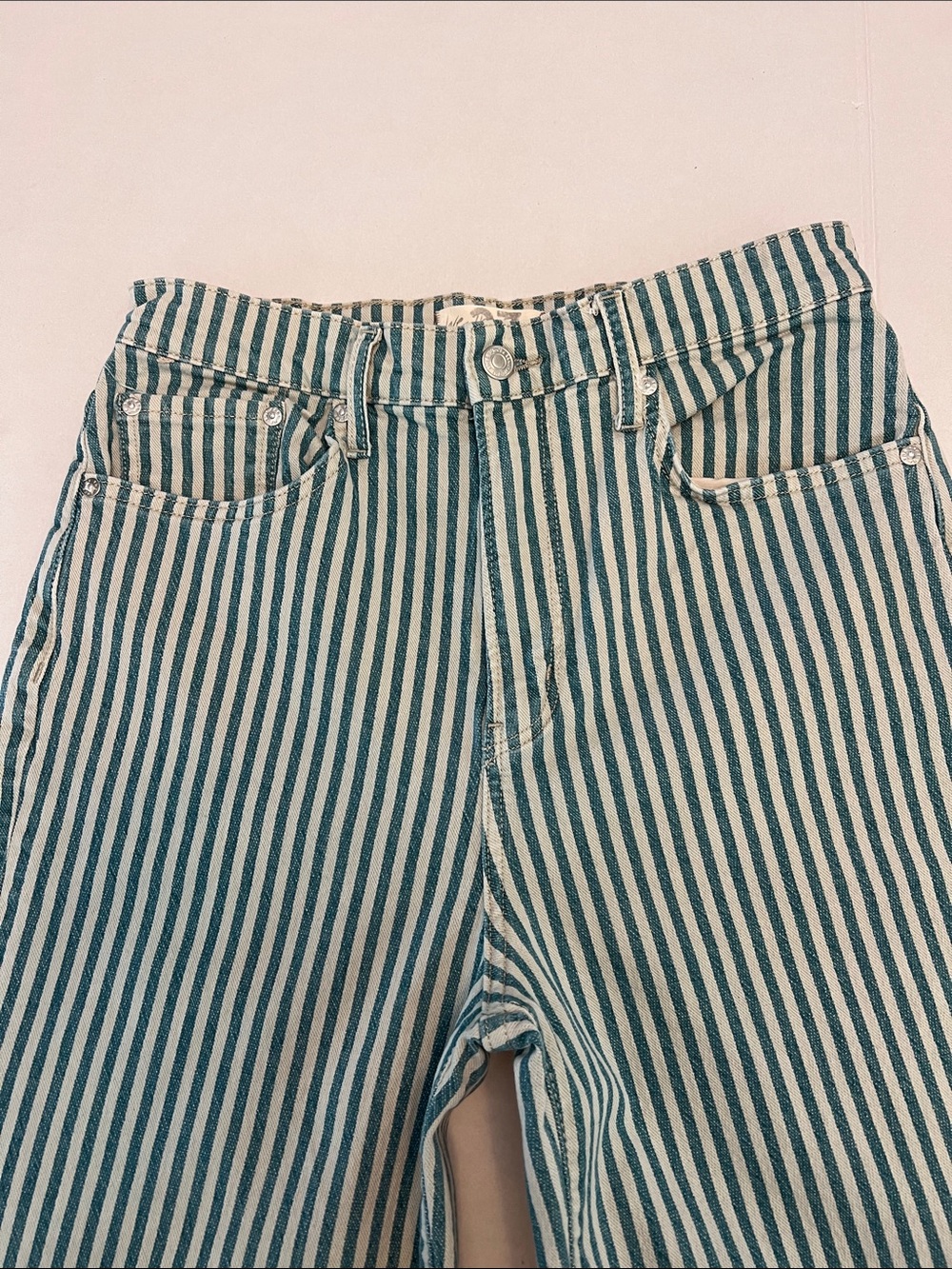 FREE PEOPLE WE THE FREE ASTORIA HIGH RISE BLUE /WHITE STRIPED WIDE LEG JEANS 27 - Picture 3 of 14